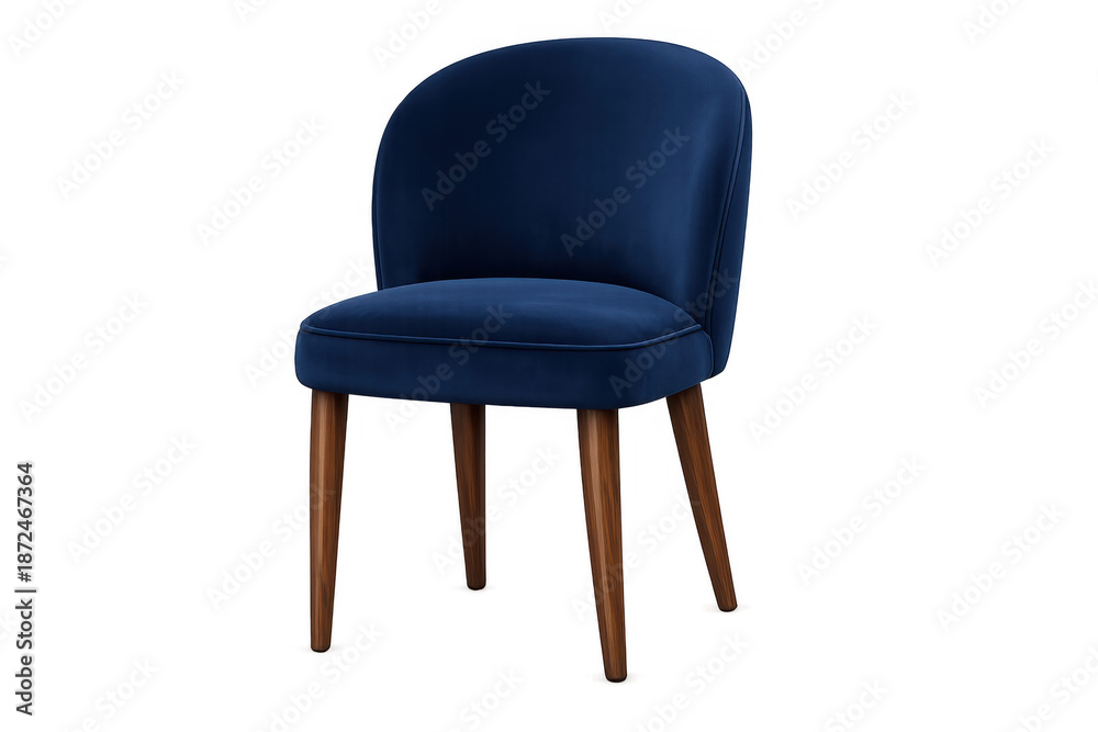 Fototapeta premium Blue velvet dining chair featuring mid-century modern design and natural wooden legs, luxurious upholstered furniture for home decor, transparent background