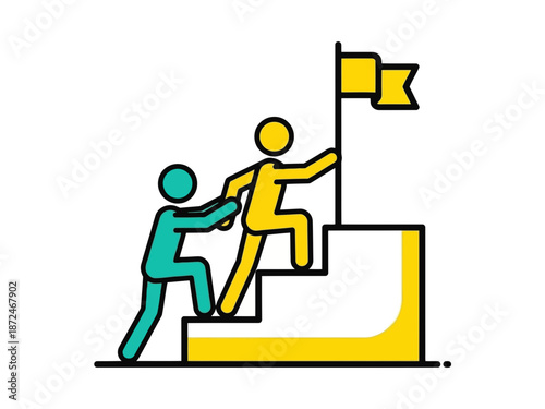 Businessman working on computer with various office supplies and icons floating around him in a colorful workspace