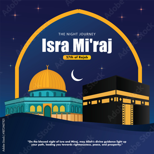 vintage isra miraj islamic night journey illustration with mosque crescent moon and star ramadan spiritual background vector design