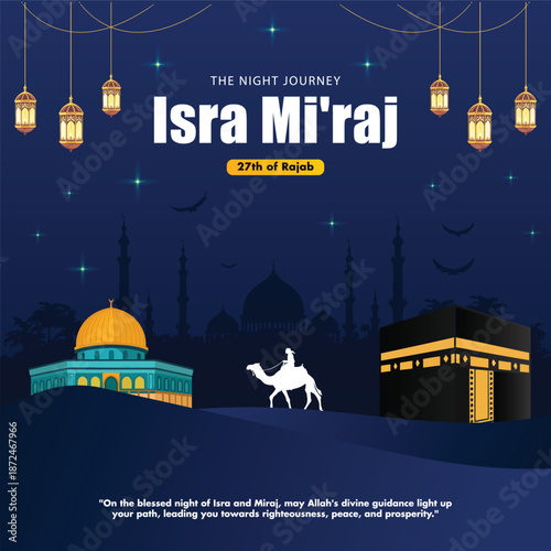vintage isra miraj islamic night journey illustration with mosque crescent moon and star ramadan spiritual background vector design