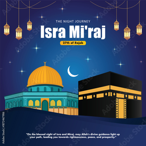 vintage isra miraj islamic night journey illustration with mosque crescent moon and star ramadan spiritual background vector design