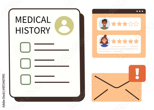 Healthcare records, user feedback, email alerts, medical documentation, patient care, online communication. A medical history form, a browser with ratings and an email with notification. Healthcare
