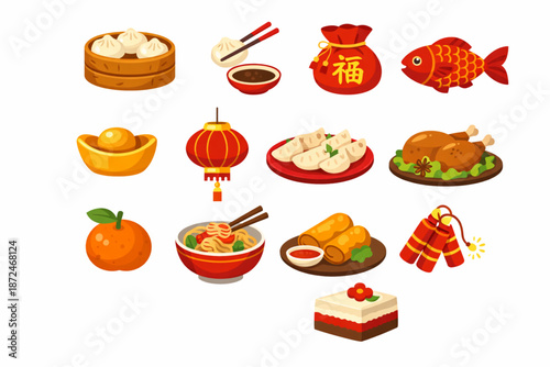 Chinese New Year Icon Pack with Traditional Food Dumplings and Fish Flat Style