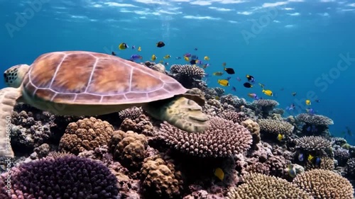 Vibrant Underwater Coral Reef with Colorful Fish and a Sea Turtle Swimming in Clear Water