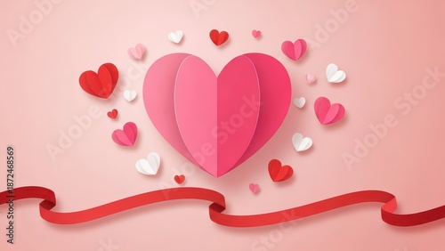 Valentine's Day Pink Heart Surrounded by Red White and Pink Paper Hearts and Red Ribbon red hearts