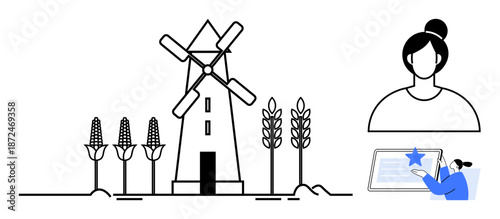 Agriculture, renewable energy, digital innovation, sustainability, rural development, eco-friendly practices. Windmill with crops, woman profile and digital interaction. Agriculture and renewable