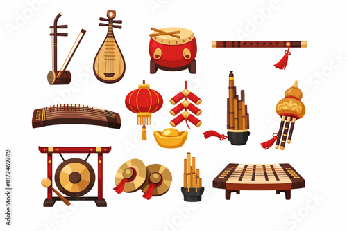 Chinese New Year Icon Pack with Traditional Musical Instruments Flat Style