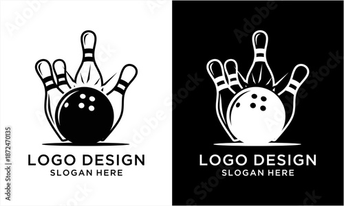 Bowling ball striking pins logo design in black and white.