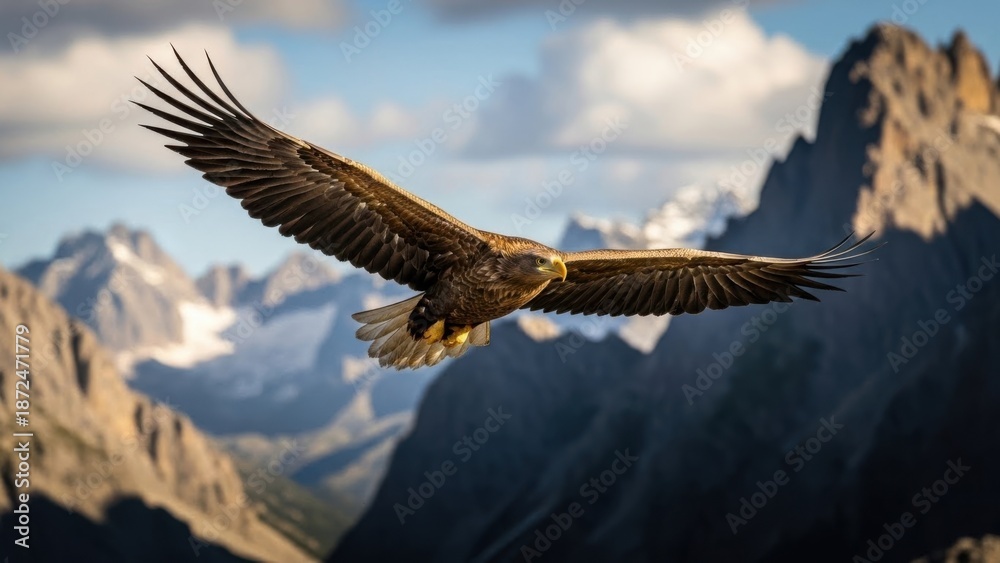 Naklejka premium Eagle soaring over mountain landscape