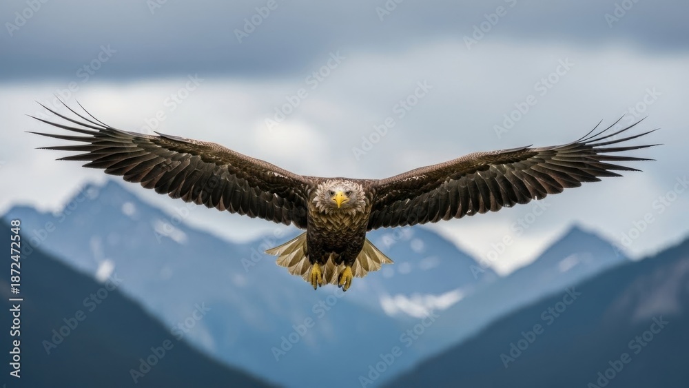 Obraz premium Owl flying with wings spread over mountains