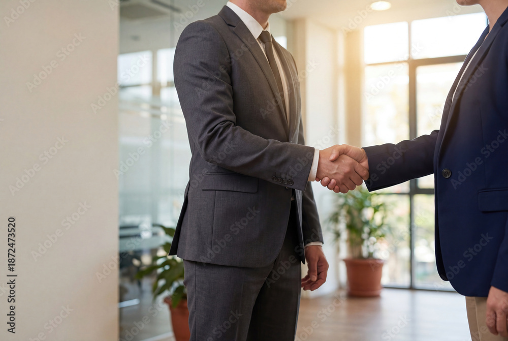 Fototapeta premium Handshake de negocios en despacho corporativo, colaboración profesional y firma de contrato