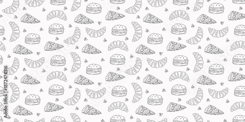 Bakery, pastries. Seamless pattern. Burger, croissant, pizza slice. Fast food, ready-to-eat. Set of line icons, doodles, drawings. Cooking, cafe.