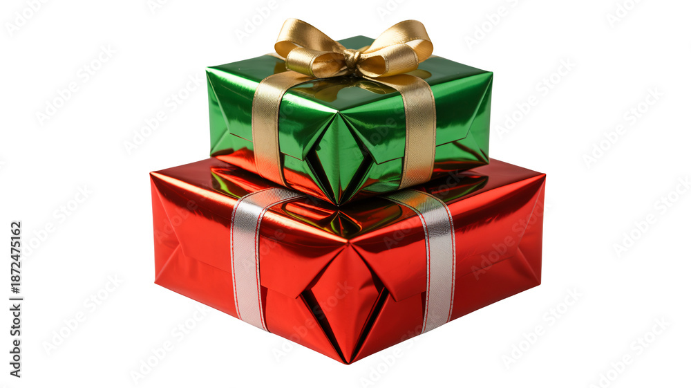 Obraz premium Wrapped Christmas Gifts in Vibrant Red and Green with Golden Ribbons in Festive Packaging for Holiday Season