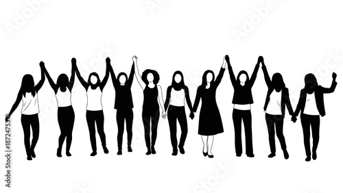 Silhouette of Women Standing Together Arms Raised.