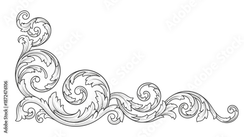 Intricate Vintage Elegant Ornate Scrollwork Corner Border Element in Black and White on Isolated White Background