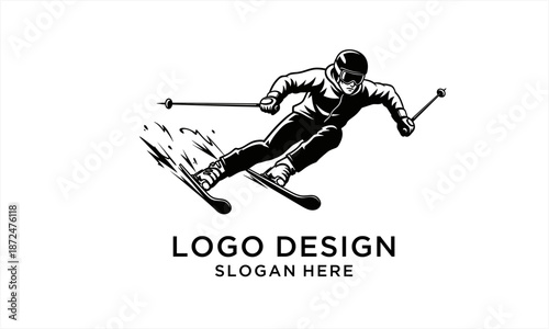 Dynamic Skier in Action Black and White Illustration.