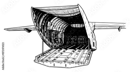 Rear view of a heavy military cargo plane with open loading ramp in engraving style