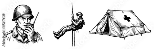 Set of military rescue illustrations featuring soldier with radio rappelling man and medical tent
