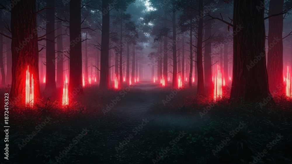 Fototapeta premium Dark forest with eerie red lights and fog at night