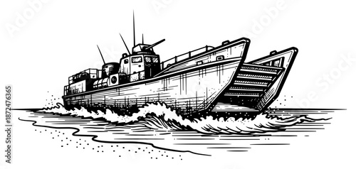 military landing craft boat approaching the shore with ocean waves