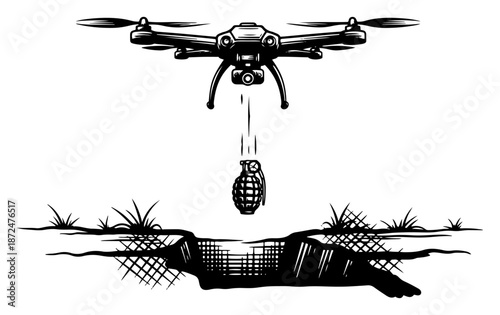 Military drone dropping a grenade into a trench hole during combat