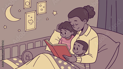 Parents reading stories to children before bedtime, warm light, cozy atmosphere.