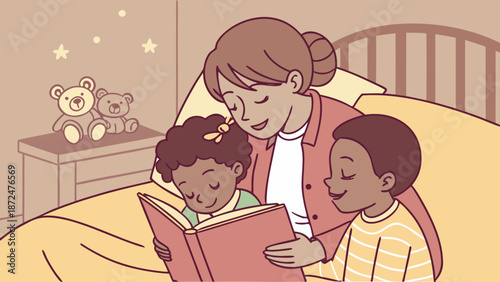 Parents reading stories to children before bedtime, warm light, cozy atmosphere.