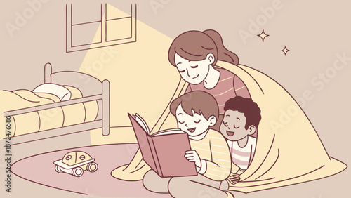 Parents reading stories to children before bedtime, warm light, cozy atmosphere.