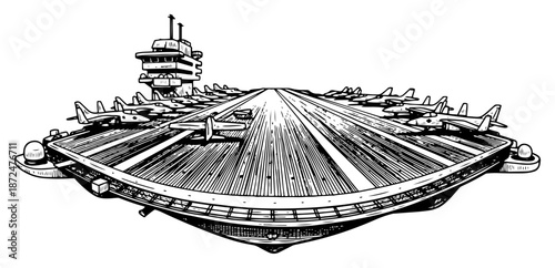 Wide angle view of aircraft carrier flight deck with fighter jets