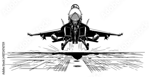 vintage woodcut illustration of a military fighter jet taking off from an aircraft carrier deck