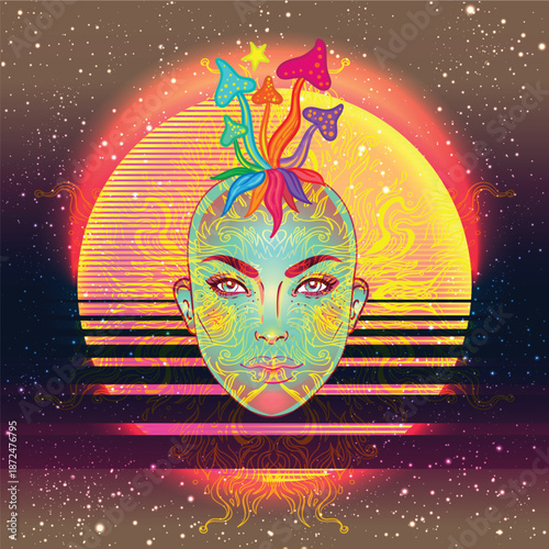 Vector illustration of a woman with mushrooms in a New Age psychedelic style. Concept of psilocybin, consciousness expansion, yoga, spirituality, and hippie culture with symbolic, colorful details.