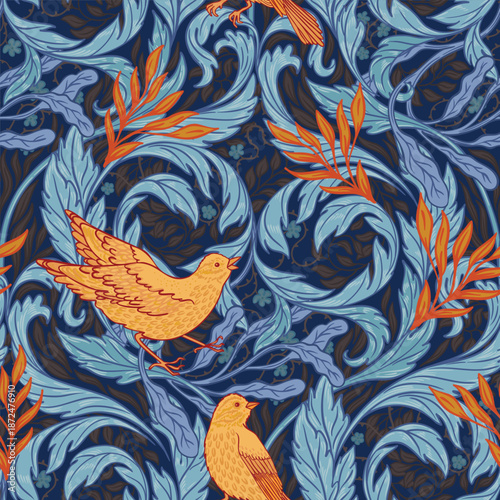 Vintage style seamless pattern with Floral wreath and birds for retro wallpap...