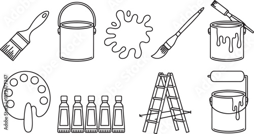 Line art collection of painting tools and supplies on white background paintbrush paint can