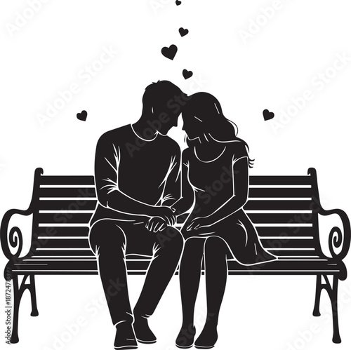 Romantic Couple Silhouette with Hearts Sitting on Park Bench, Intimate Man and Woman Holding Hands, Love and Relationship Vector Illustration
