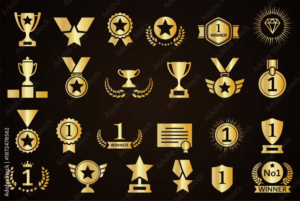 Fototapeta premium Simple Gold award medal with laurel wreath and set of different golden laurel wreaths ribbons and trophy illustration. Luxury templates product presentation, winner ceremony 