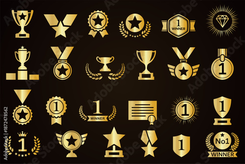 Simple Gold award medal with laurel wreath and set of different golden laurel wreaths ribbons and trophy illustration. Luxury templates product presentation, winner ceremony 