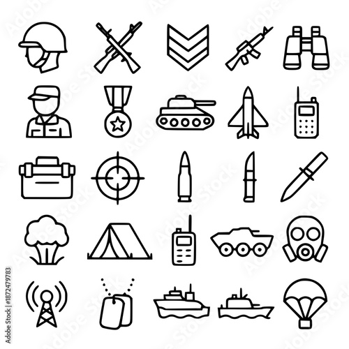 Military theme icons in outline style