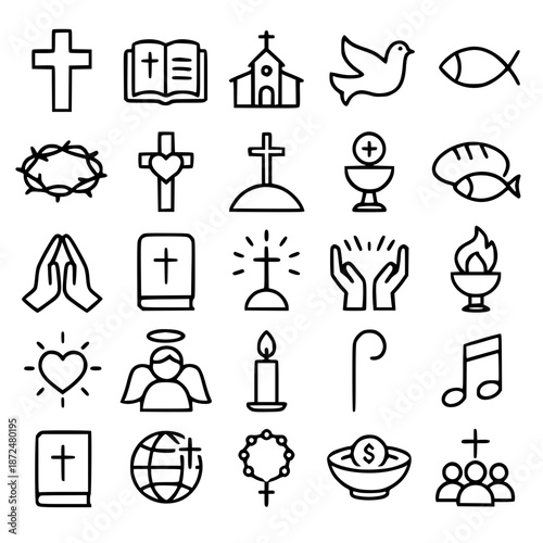 Christian theme icons in outline style