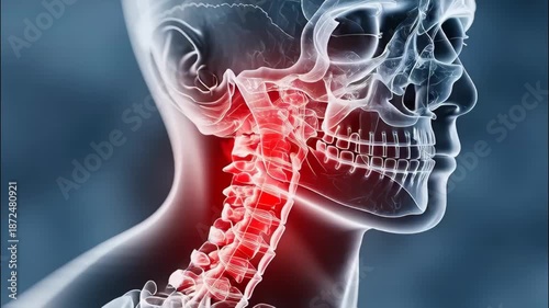 Digital Illustration of Human Neck Anatomy Highlighting Cervical Spine and Muscles in Side View