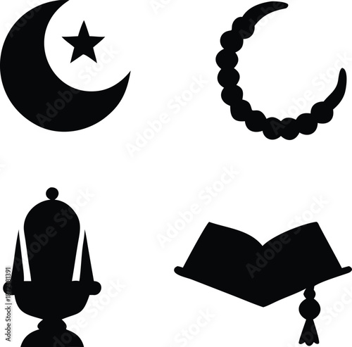 Islamic symbols like moon star rosary mosque and book for ramadan and eid celebration