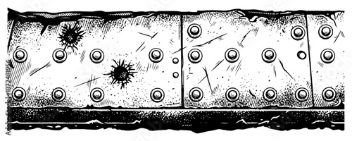 Old damaged metal beam with rivets and bullet holes texture vector sketch