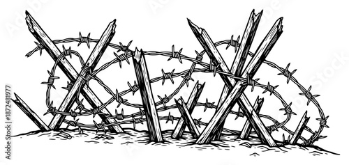 Hand drawn sketch of barbed wire fence on wooden posts