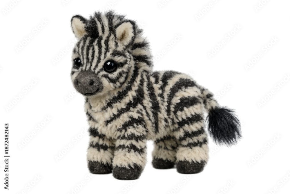 Naklejka premium Plush zebra toy with black and white stripes, standing on a transparent background, soft adorable child's safari animal