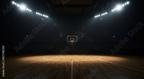 Empty wooden basketball court floor with spotlight and hoop in dark arena background for sports competition concepts