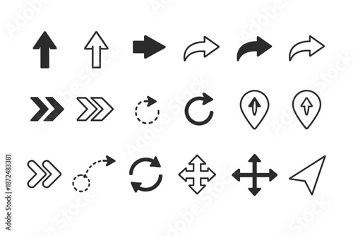 Collection of diverse arrow icons and navigation symbols on a white background
