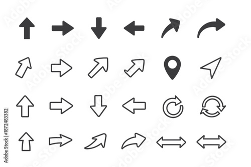 Collection of various arrow icons and navigation symbols on a white background