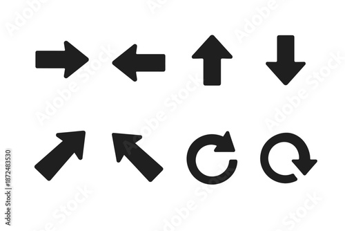 Collection of eight black arrow icons pointing in various directions on a white background