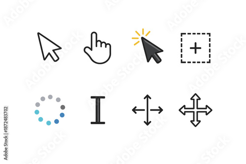 Collection of eight common computer cursor and interface icons on a white background
