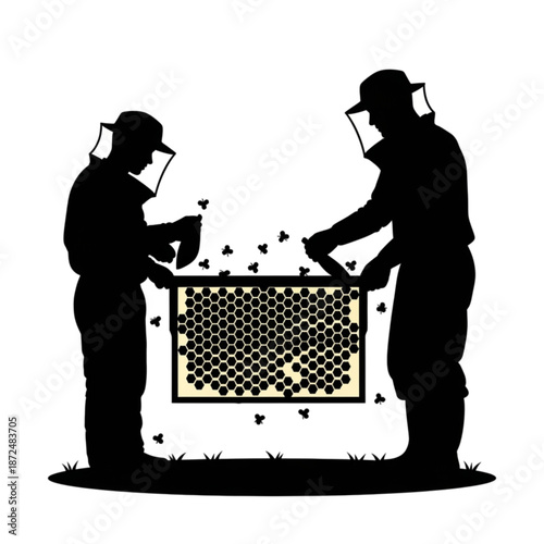 Beekeepers in protective suits handling hive Isolated On Transparent Background.