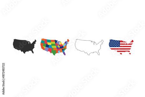 Four distinct representations of the United States map on a white background